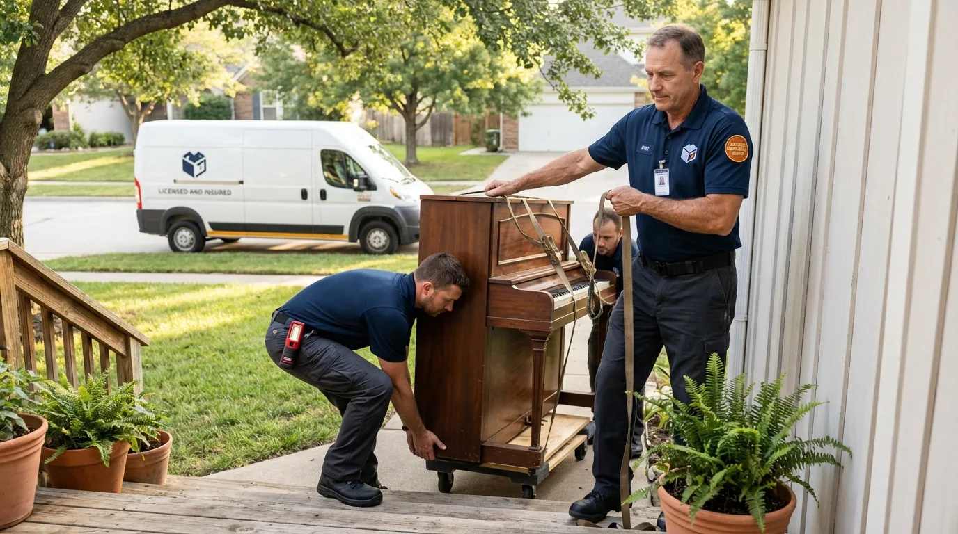 Licensed piano movers securing grand piano in Waterford, NY