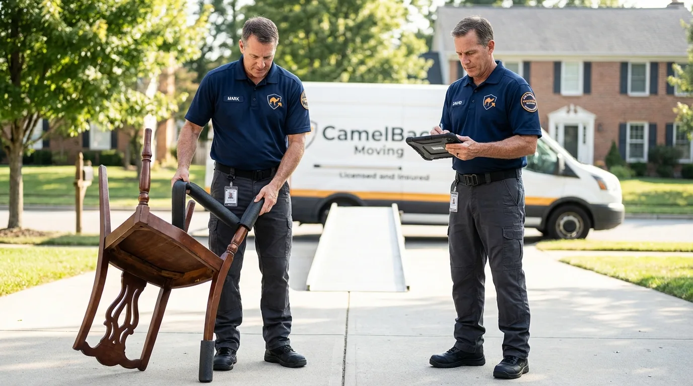 Movers inspecting furniture for damage prevention before loading in Waterford, NY