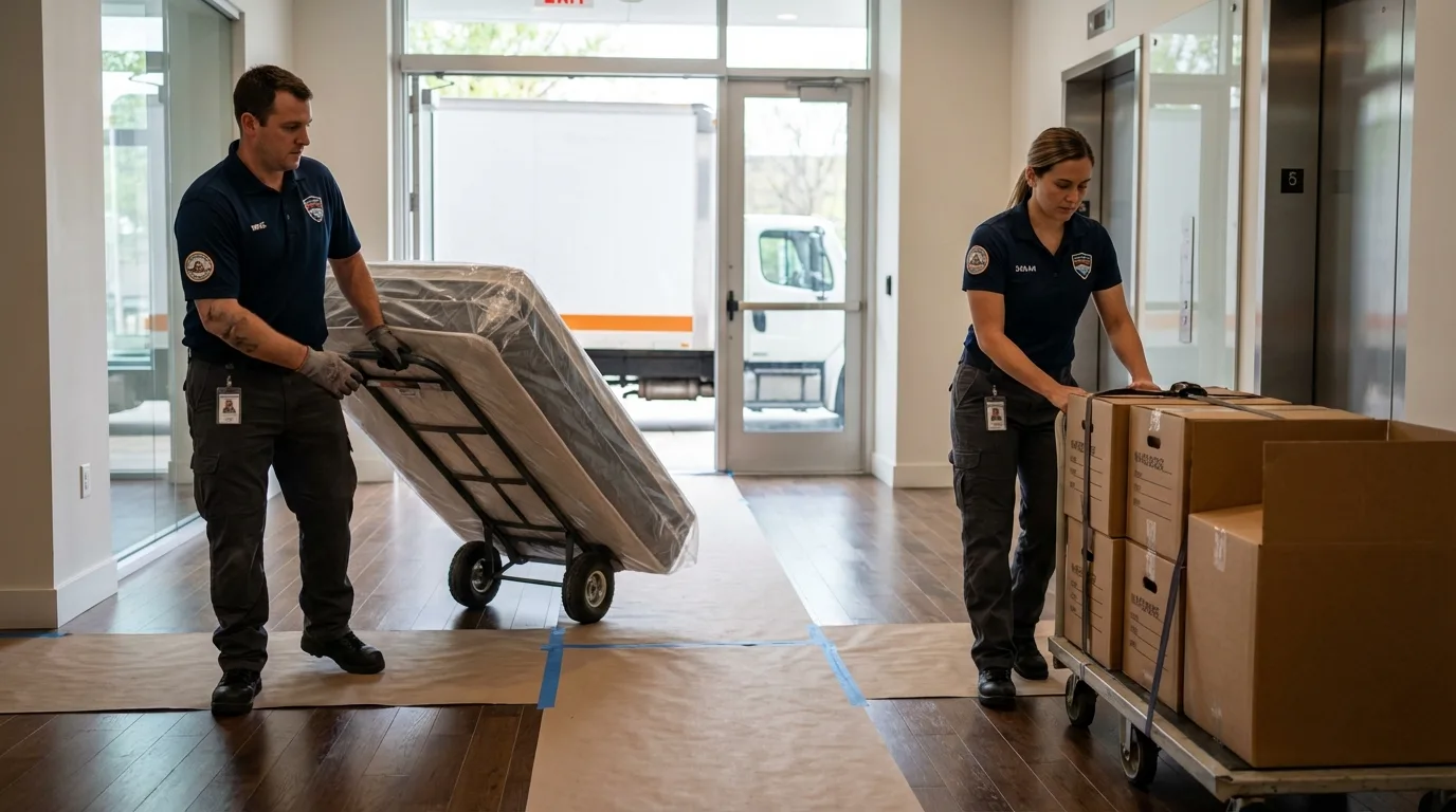 Professional apartment movers loading elevator in Waterford, NY