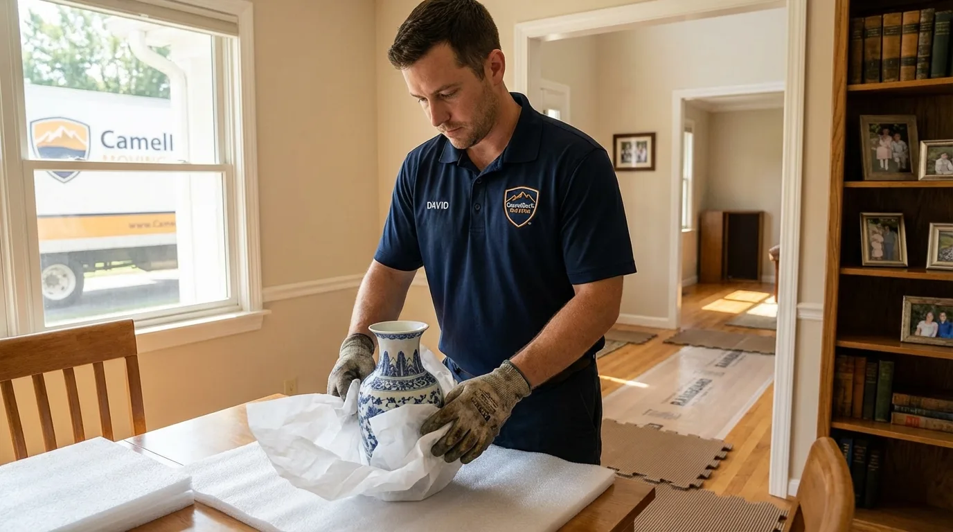 Professional crew carefully wrapping antique vase for senior downsizing move in Waterford, NY